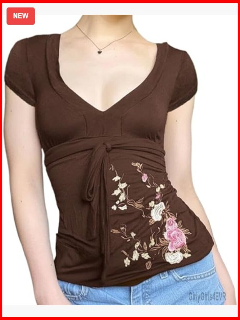 Vintage Embroidered Floral T-Shirt V-Neck Y2K Grunge Fairycore Top
